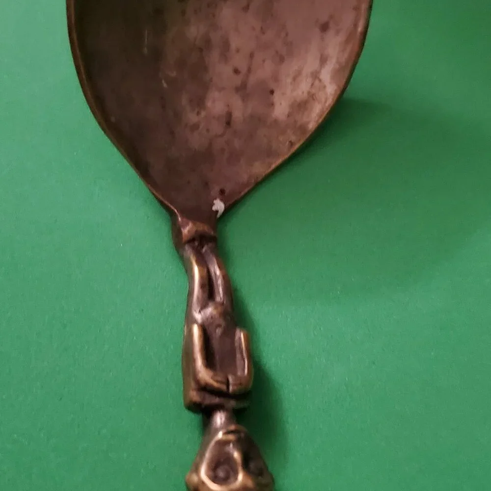 Antique Wide Bowl Spoon With Three Figures, Possibly Handmade